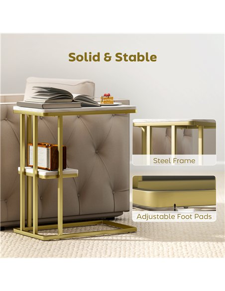 HOMCOM C-Shaped Narrow Side Table, 2-Tier Slim End Table, Nightstand for Small Spaces, Living Room, Bedroom, White Marble Grain - pic 171309 | FastDaddyshop