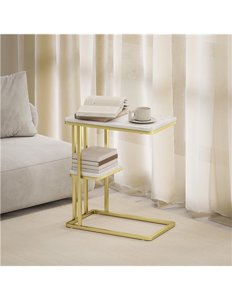 HOMCOM C-Shaped Narrow Side Table, 2-Tier Slim End Table, Nightstand for Small Spaces, Living Room, Bedroom, White Marble Grain - pic 171310 | FastDaddyshop