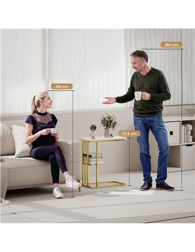 HOMCOM C-Shaped Narrow Side Table, 2-Tier Slim End Table, Nightstand for Small Spaces, Living Room, Bedroom, White Marble Grain