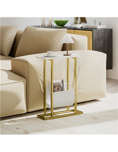 HOMCOM Narrow Side Table, End Table with Magazine Holder, Nightstand for Small Spaces, Living Room, Bedroom, White Marble Grain