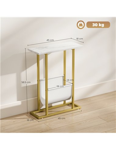 HOMCOM Narrow Side Table, End Table with Magazine Holder, Nightstand for Small Spaces, Living Room, Bedroom, White Marble Grain