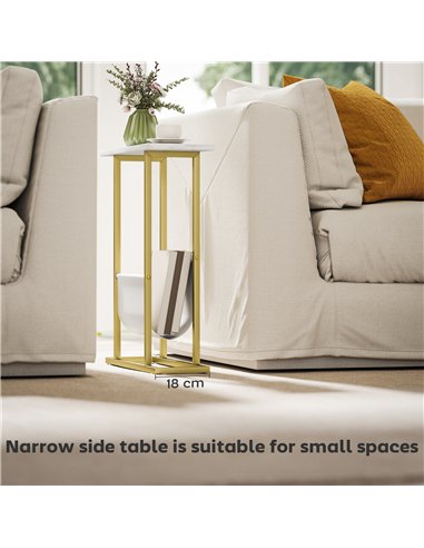 HOMCOM Narrow Side Table, End Table with Magazine Holder, Nightstand for Small Spaces, Living Room, Bedroom, White Marble Grain