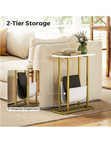 HOMCOM Narrow Side Table, End Table with Magazine Holder, Nightstand for Small Spaces, Living Room, Bedroom, White Marble Grain