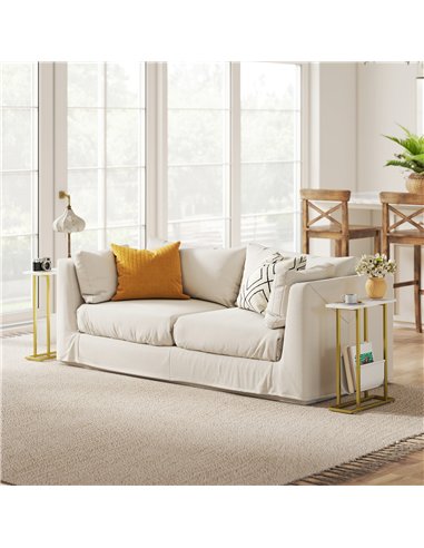 HOMCOM Narrow Side Table, End Table with Magazine Holder, Nightstand for Small Spaces, Living Room, Bedroom, White Marble Grain