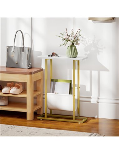 HOMCOM Narrow Side Table, End Table with Magazine Holder, Nightstand for Small Spaces, Living Room, Bedroom, White Marble Grain