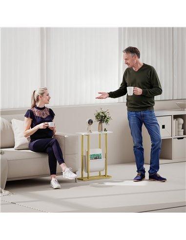 HOMCOM Narrow Side Table, End Table with Magazine Holder, Nightstand for Small Spaces, Living Room, Bedroom, White Marble Grain