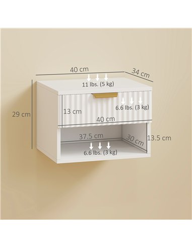 HOMCOM Floating Nightstands Set of 2, Modern Wall Mounted Bedside Tables with Fluted Drawer and Open Shelf for Bedroom, White