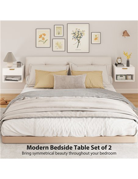 HOMCOM Floating Nightstands Set of 2, Modern Wall Mounted Bedside Tables with Fluted Drawer and Open Shelf for Bedroom, White - pic 171351 | FastDaddyshop