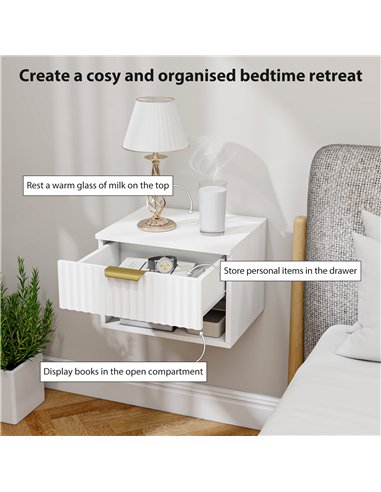 HOMCOM Floating Nightstands Set of 2, Modern Wall Mounted Bedside Tables with Fluted Drawer and Open Shelf for Bedroom, White