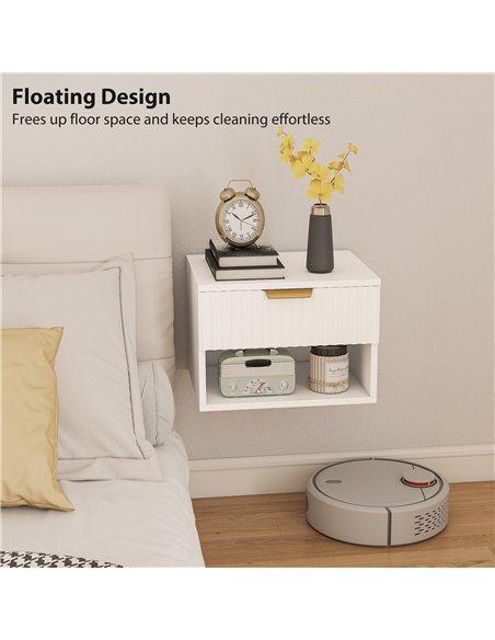 HOMCOM Floating Nightstands Set of 2, Modern Wall Mounted Bedside Tables with Fluted Drawer and Open Shelf for Bedroom, White - pic 171353 | FastDaddyshop