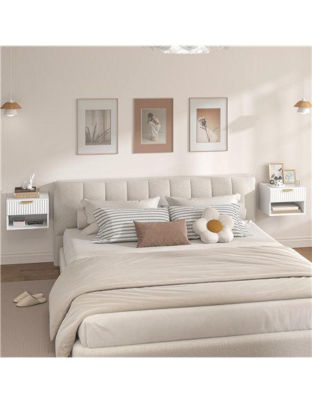 HOMCOM Floating Nightstands Set of 2, Modern Wall Mounted Bedside Tables with Fluted Drawer and Open Shelf for Bedroom, White - pic 171355 | FastDaddyshop