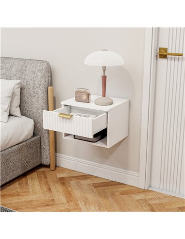 HOMCOM Floating Nightstands Set of 2, Modern Wall Mounted Bedside Tables with Fluted Drawer and Open Shelf for Bedroom, White