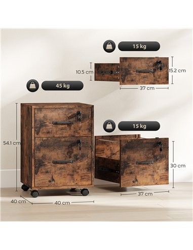 HOMCOM Rolling File Cabinet with 2 Drawers, Mobile Filing Cabinet with Hanging File Folder for Letter Sized Documents, Rustic Br