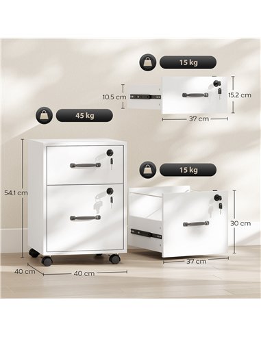 HOMCOM Rolling File Cabinet with 2 Drawers, Mobile Filing Cabinet with Hanging File Folder for Letter Sized Documents, White
