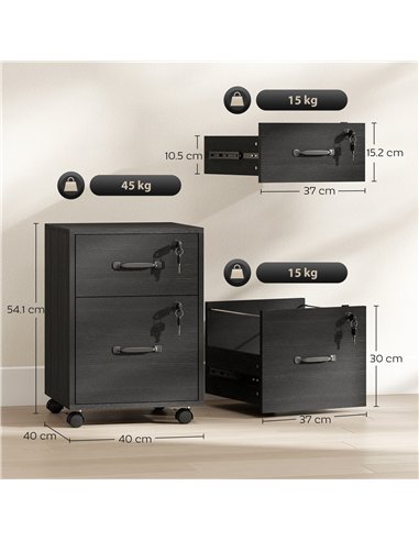 HOMCOM Rolling File Cabinet with 2 Drawers, Mobile Filing Cabinet with Hanging File Folder for Letter Sized Documents, Black