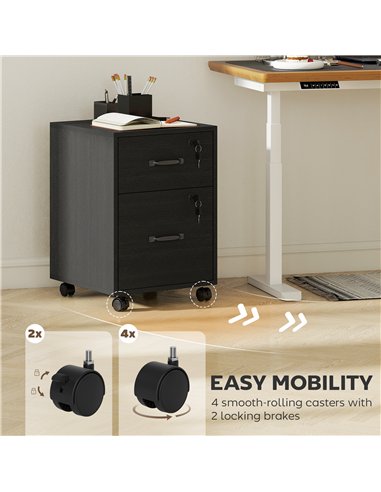 HOMCOM Rolling File Cabinet with 2 Drawers, Mobile Filing Cabinet with Hanging File Folder for Letter Sized Documents, Black