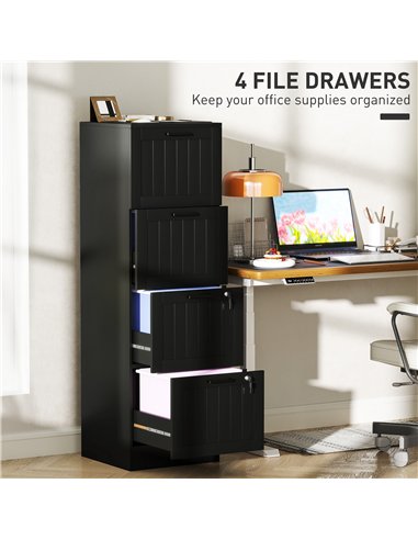 HOMCOM 4 Drawer Filing Cabinet with Lock, Office Storage Cabinet with Adjustable Hanging Bars for A4 Letter Size Files, Black