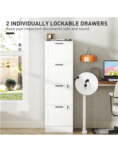 HOMCOM 4 Drawer Filing Cabinet with Lock, Office Storage Cabinet with Adjustable Hanging Bars for A4 Letter Size Files, White