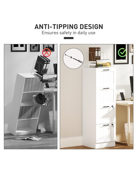 HOMCOM 4 Drawer Filing Cabinet with Lock, Office Storage Cabinet with Adjustable Hanging Bars for A4 Letter Size Files, White - pic 171435 | FastDaddyshop
