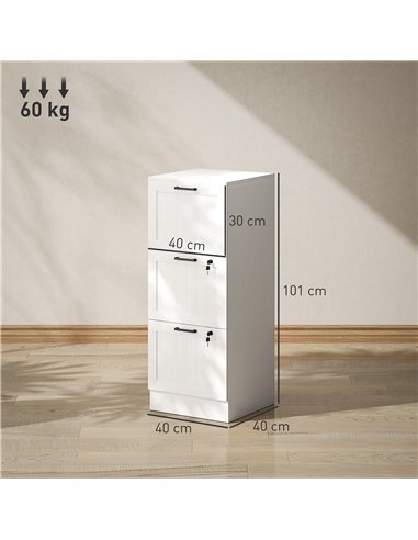 HOMCOM 3 Drawer Filing Cabinet with Lock, Office Storage Cabinet with Adjustable Hanging Bars for A4 Letter Size Files, White