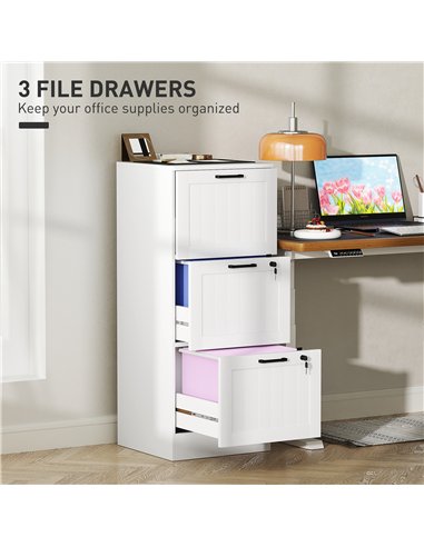 HOMCOM 3 Drawer Filing Cabinet with Lock, Office Storage Cabinet with Adjustable Hanging Bars for A4 Letter Size Files, White