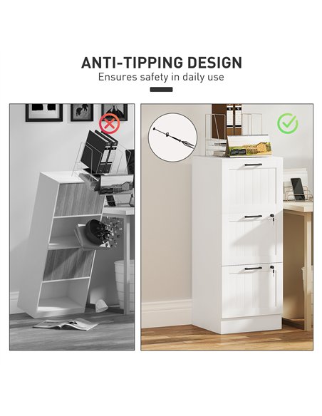 HOMCOM 3 Drawer Filing Cabinet with Lock, Office Storage Cabinet with Adjustable Hanging Bars for A4 Letter Size Files, White - pic 171444 | FastDaddyshop