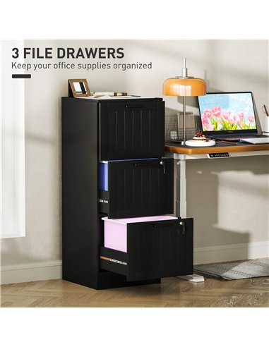 HOMCOM 3 Drawer Filing Cabinet with Lock, Office Storage Cabinet with Adjustable Hanging Bars for A4 Letter Size Files, Black