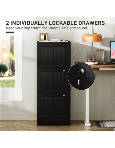 HOMCOM 3 Drawer Filing Cabinet with Lock, Office Storage Cabinet with Adjustable Hanging Bars for A4 Letter Size Files, Black
