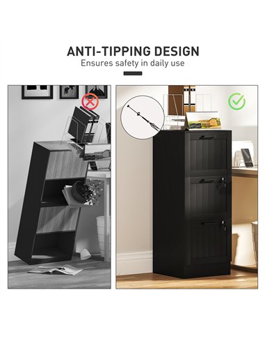 HOMCOM 3 Drawer Filing Cabinet with Lock, Office Storage Cabinet with Adjustable Hanging Bars for A4 Letter Size Files, Black