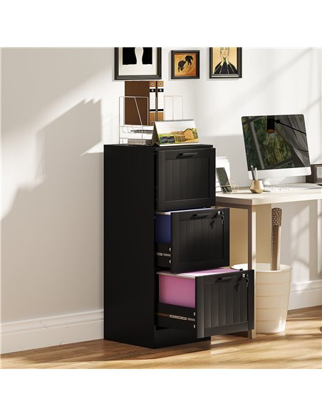 HOMCOM 3 Drawer Filing Cabinet with Lock, Office Storage Cabinet with Adjustable Hanging Bars for A4 Letter Size Files, Black - pic 171464 | FastDaddyshop