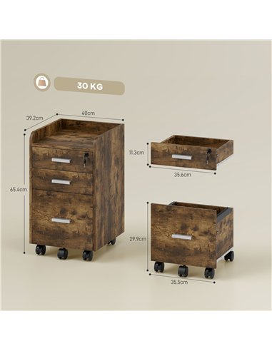 HOMCOM 3 Drawer Filing Cabinet with Lock, Rolling File Cabinet with Edged Top for Letter, A4 Size, Hanging File Folders