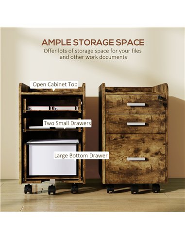 HOMCOM 3 Drawer Filing Cabinet with Lock, Rolling File Cabinet with Edged Top for Letter, A4 Size, Hanging File Folders