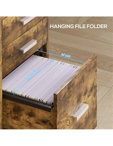 HOMCOM 3 Drawer Filing Cabinet with Lock, Rolling File Cabinet with Edged Top for Letter, A4 Size, Hanging File Folders