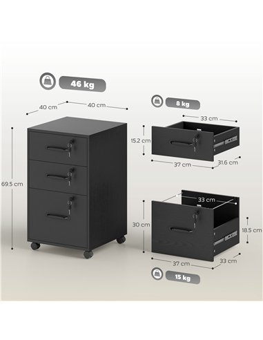 HOMCOM Three Drawer Wood-Effect Filing Cabinet - Black