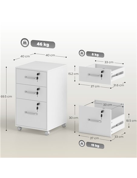 HOMCOM Three Drawer Wood-Effect Filing Cabinet - White - pic 171512 | FastDaddyshop