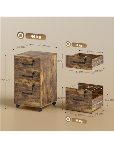 HOMCOM Three Drawer Wood-Effect Filing Cabinet - Rustic Brown
