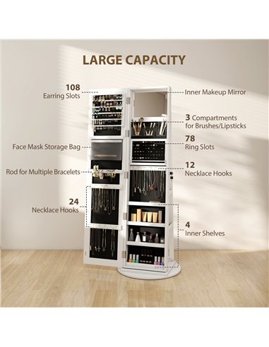 HOMCOM Storage Jewellery Cabinet, with Mirror and Lights - White
