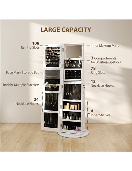 HOMCOM Storage Jewellery Cabinet, with Mirror and Lights - White - pic 171568 | FastDaddyshop