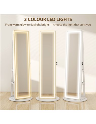 HOMCOM Storage Jewellery Cabinet, with Mirror and Lights - White