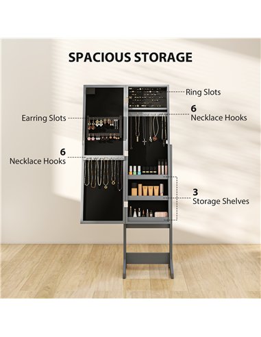 HOMCOM Freestanding Mirrored Jewellery Storage Cabinet - Grey