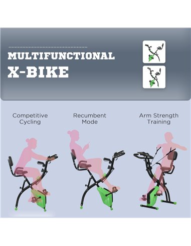 HOMCOM 2-in-1 Folding Exercise Bike with 8-Level Magnetic Resistance, Arm Resistance Band, Pulse Sensor, Green