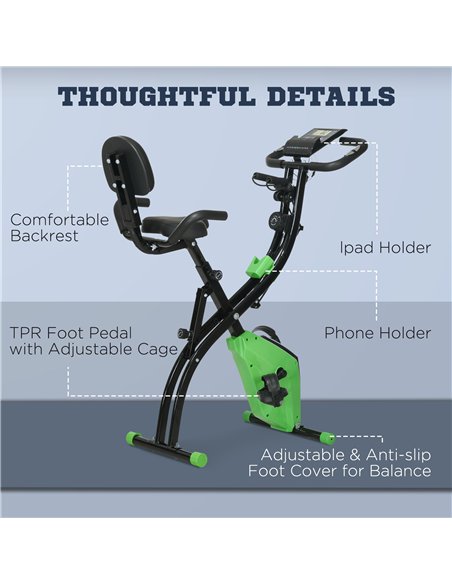 HOMCOM 2-in-1 Folding Exercise Bike with 8-Level Magnetic Resistance, Arm Resistance Band, Pulse Sensor, Green - pic 171617 | FastDaddyshop