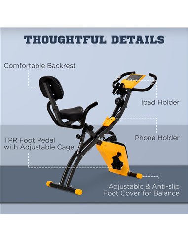 HOMCOM 2-in-1 Folding Exercise Bike with 8-Level Magnetic Resistance, Arm Resistance Band, Pulse Sensor, Yellow