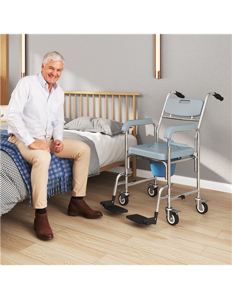 HOMCOM Rolling Shower Wheelchair for Seniors, Bedside Commode Chair with Locking Wheels, Seat, Backrest, Arms, Grey - pic 171664 | FastDaddyshop