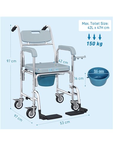 HOMCOM Rolling Shower Wheelchair for Seniors, Bedside Commode Chair with Locking Wheels, Seat, Backrest, Arms, Grey