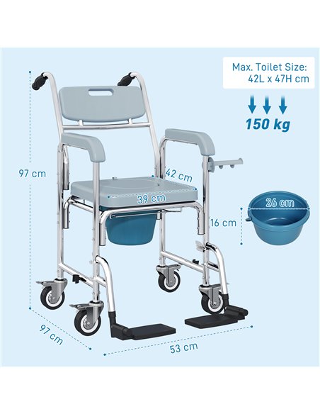 HOMCOM Rolling Shower Wheelchair for Seniors, Bedside Commode Chair with Locking Wheels, Seat, Backrest, Arms, Grey - pic 171665 | FastDaddyshop