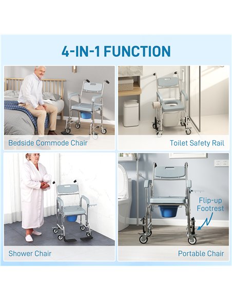HOMCOM Rolling Shower Wheelchair for Seniors, Bedside Commode Chair with Locking Wheels, Seat, Backrest, Arms, Grey - pic 171666 | FastDaddyshop