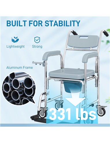 HOMCOM Rolling Shower Wheelchair for Seniors, Bedside Commode Chair with Locking Wheels, Seat, Backrest, Arms, Grey