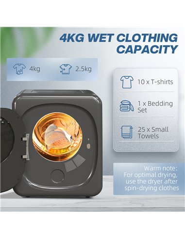 HOMCOM 4kg Vented Tumble Dryer with Deodorize, Smart Mode, 800W Compact Tumble Dryer with Stainless Steel Tub, Front Load, for F