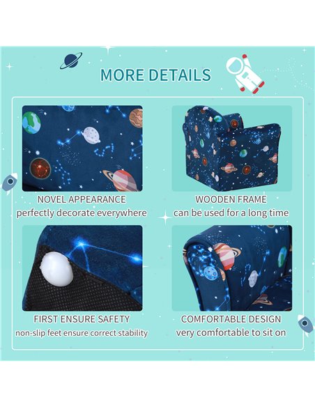 HOMCOM Kids Planet-Themed Armchair, with Non-Slip Feet, Wooden Frame - Blue - pic 17170 | FastDaddyshop
